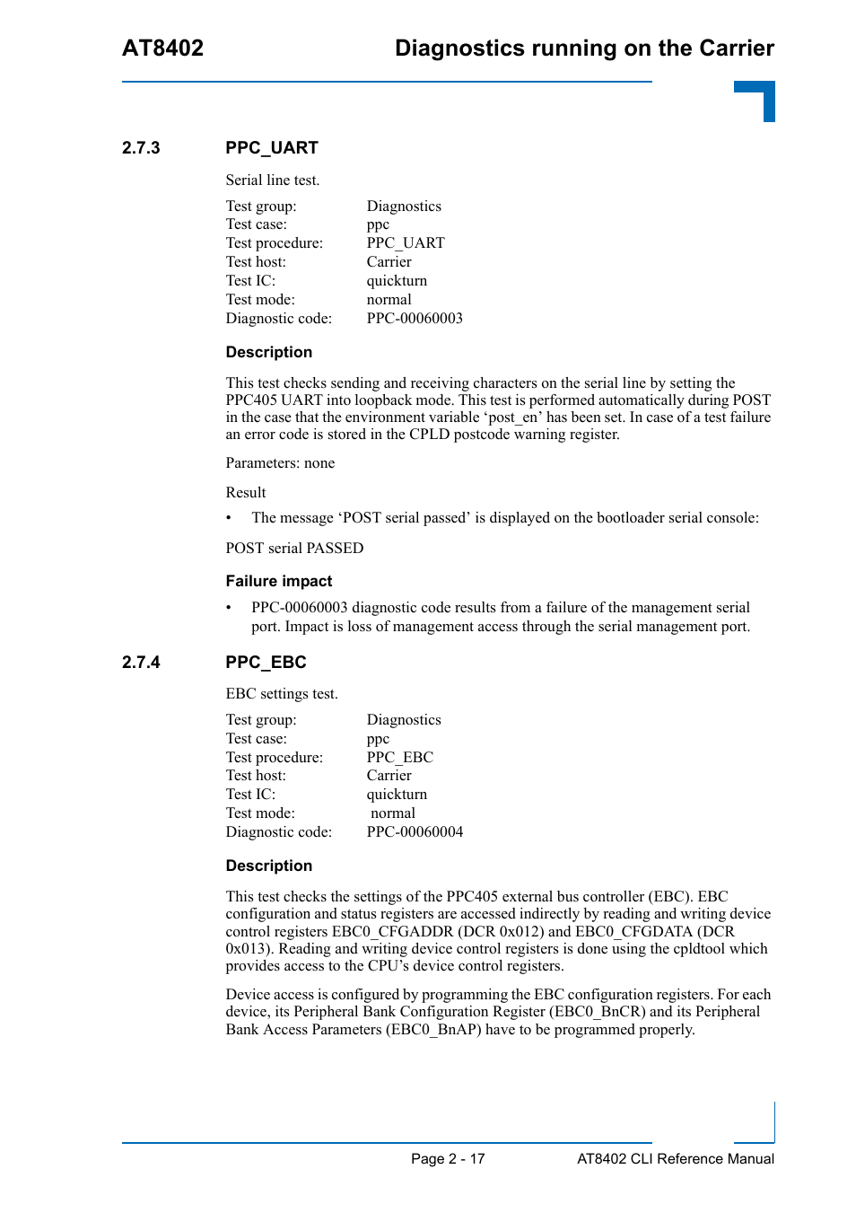 3 ppc_uart, 4 ppc_ebc, Ppc_uart - 17 | Ppc_ebc - 17, At8402 diagnostics running on the carrier | Kontron AT8402 Diagnostics Manual User Manual | Page 25 / 39