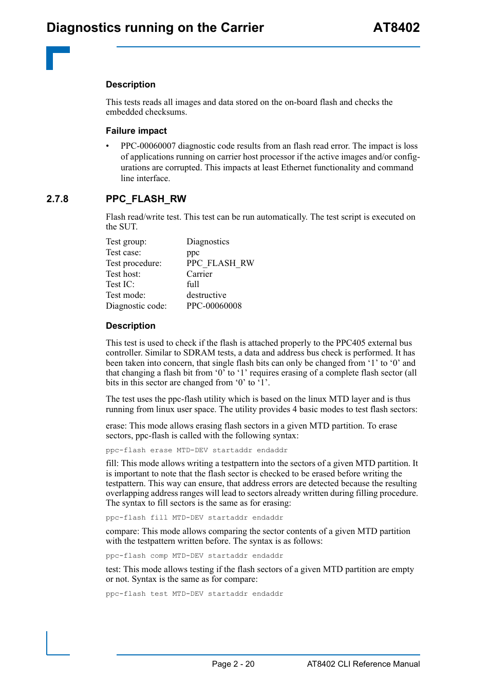 8 ppc_flash_rw, Ppc_flash_rw - 20, Diagnostics running on the carrier at8402 | Kontron AT8402 Diagnostics Manual User Manual | Page 28 / 39