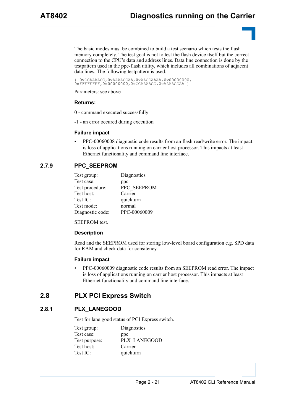 9 ppc_seeprom, 8 plx pci express switch, 1 plx_lanegood | Ppc_seeprom - 21, Plx pci express switch - 21, Plx_lanegood - 21, At8402 diagnostics running on the carrier | Kontron AT8402 Diagnostics Manual User Manual | Page 29 / 39