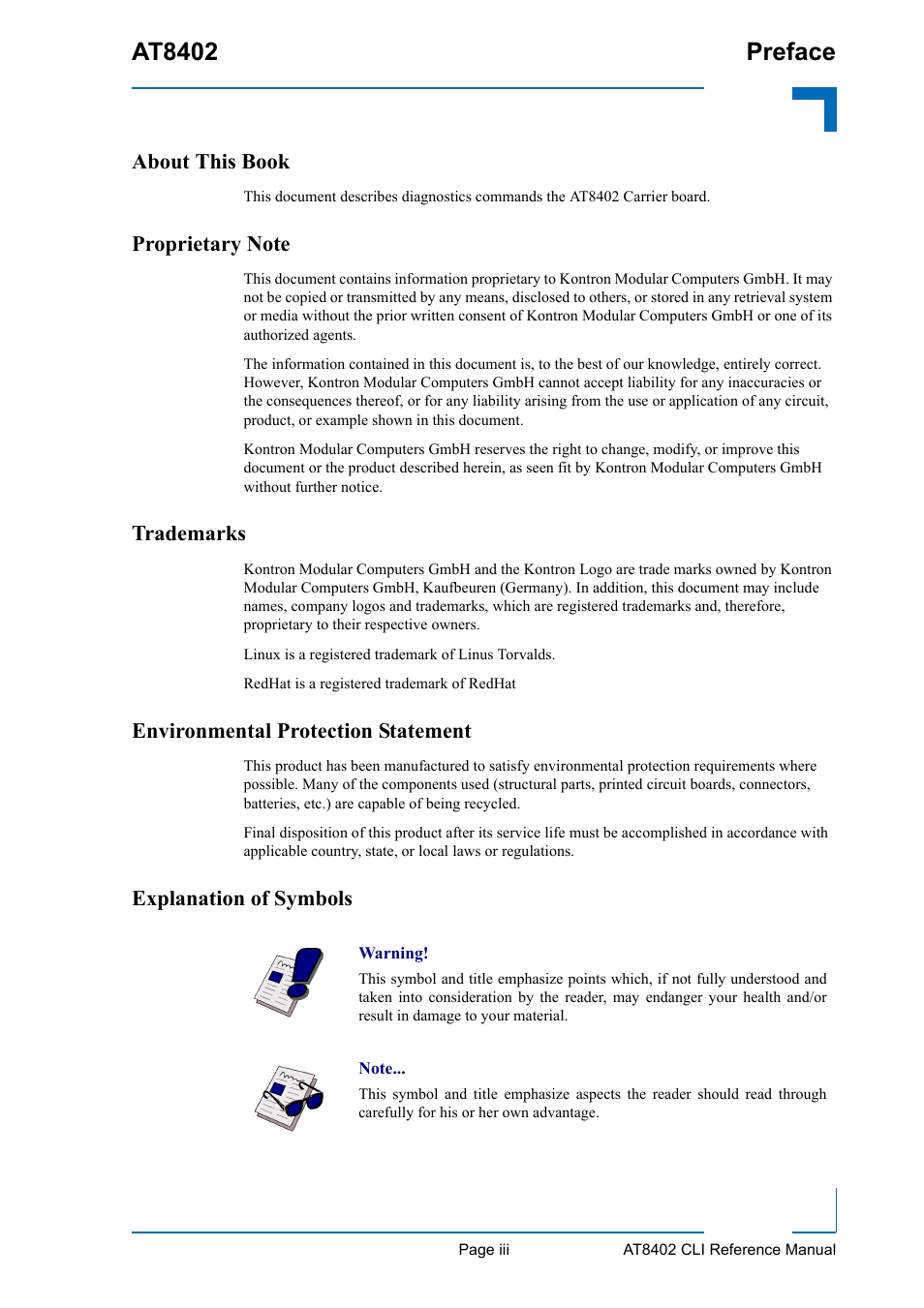 At8402 preface, About this book, Trademarks | Environmental protection statement, Explanation of symbols | Kontron AT8402 Diagnostics Manual User Manual | Page 3 / 39
