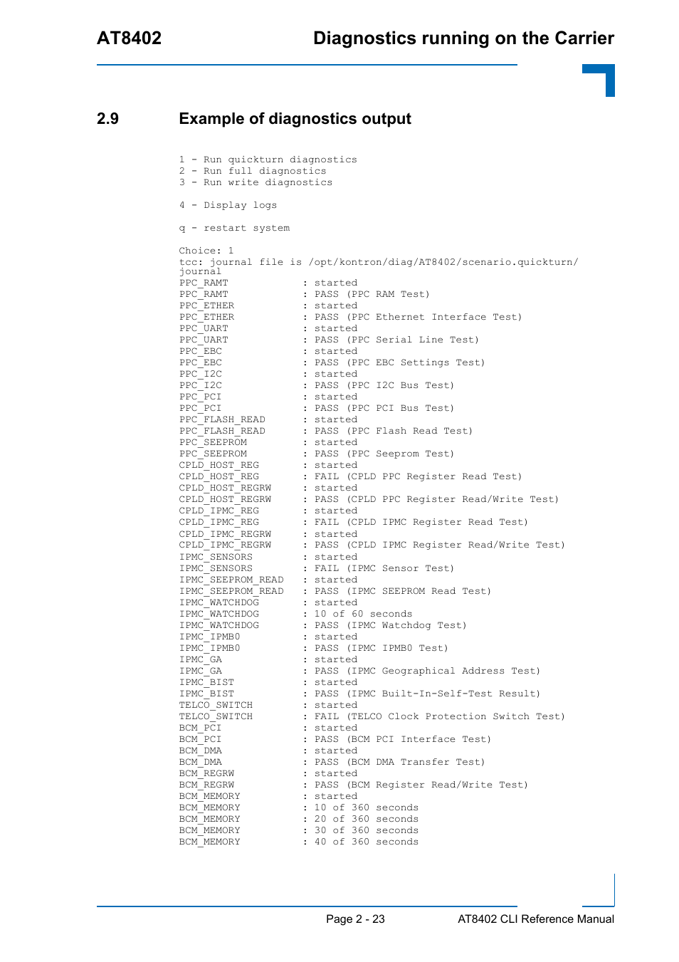 9 example of diagnostics output, Example of diagnostics output - 23, At8402 diagnostics running on the carrier | Kontron AT8402 Diagnostics Manual User Manual | Page 31 / 39