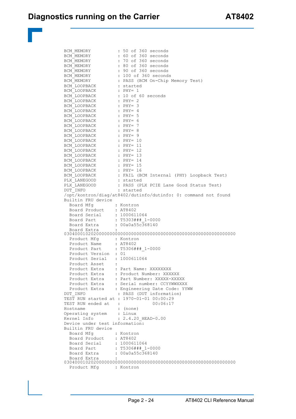 Diagnostics running on the carrier at8402 | Kontron AT8402 Diagnostics Manual User Manual | Page 32 / 39