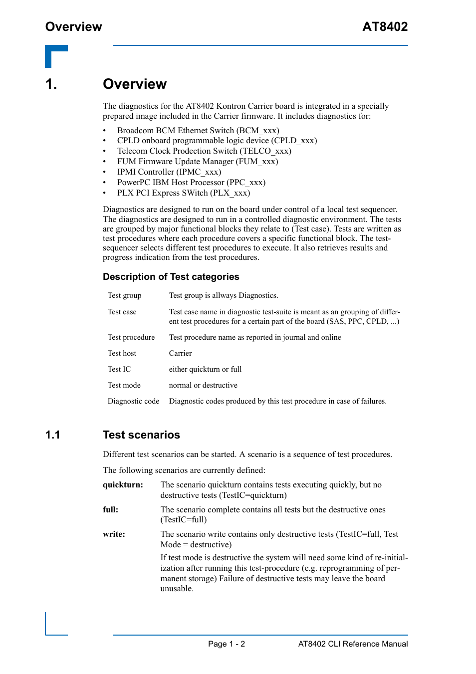 Overview, 1 test scenarios, Overview - 2 | Test scenarios - 2, Overview at8402 | Kontron AT8402 Diagnostics Manual User Manual | Page 8 / 39