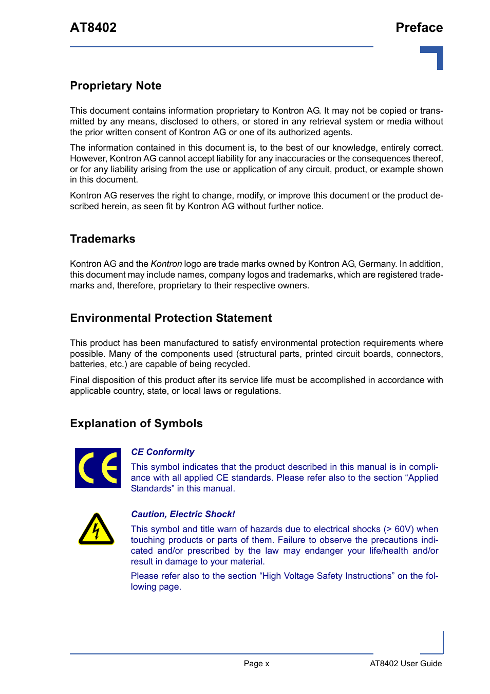 Proprietary note, Trademarks, Environmental protection statement | Explanation of symbols, At8402 preface | Kontron AT8402 User Manual User Manual | Page 10 / 89