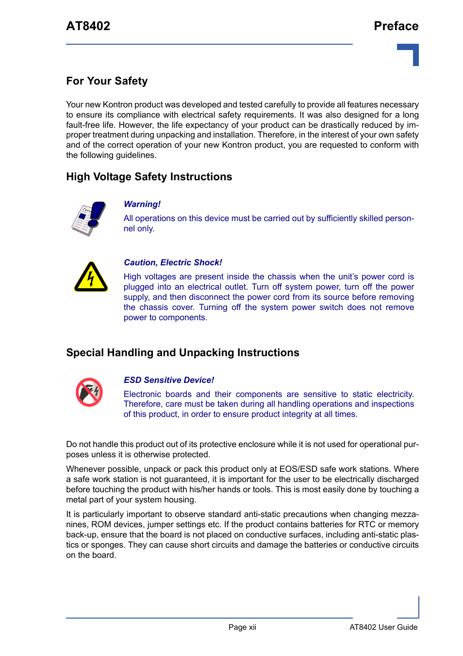 For your safety, High voltage safety instructions, Special handling and unpacking instructions | At8402 preface | Kontron AT8402 User Manual User Manual | Page 12 / 89
