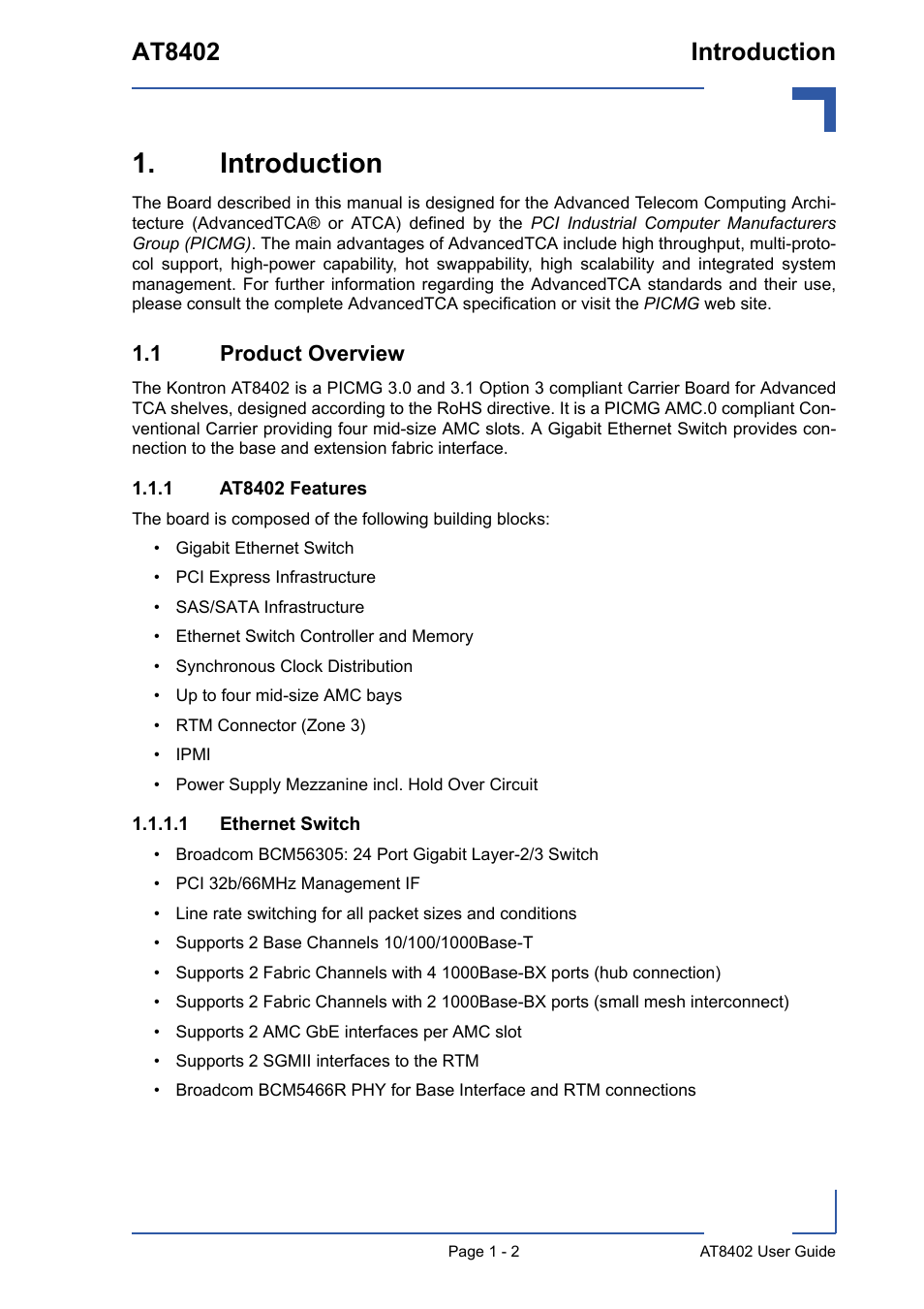 Introduction, 1 product overview, 1 at8402 features | Introduction - 2, 1 product overview - 2, At8402 features - 2, 1 ethernet switch - 2, At8402 introduction | Kontron AT8402 User Manual User Manual | Page 16 / 89