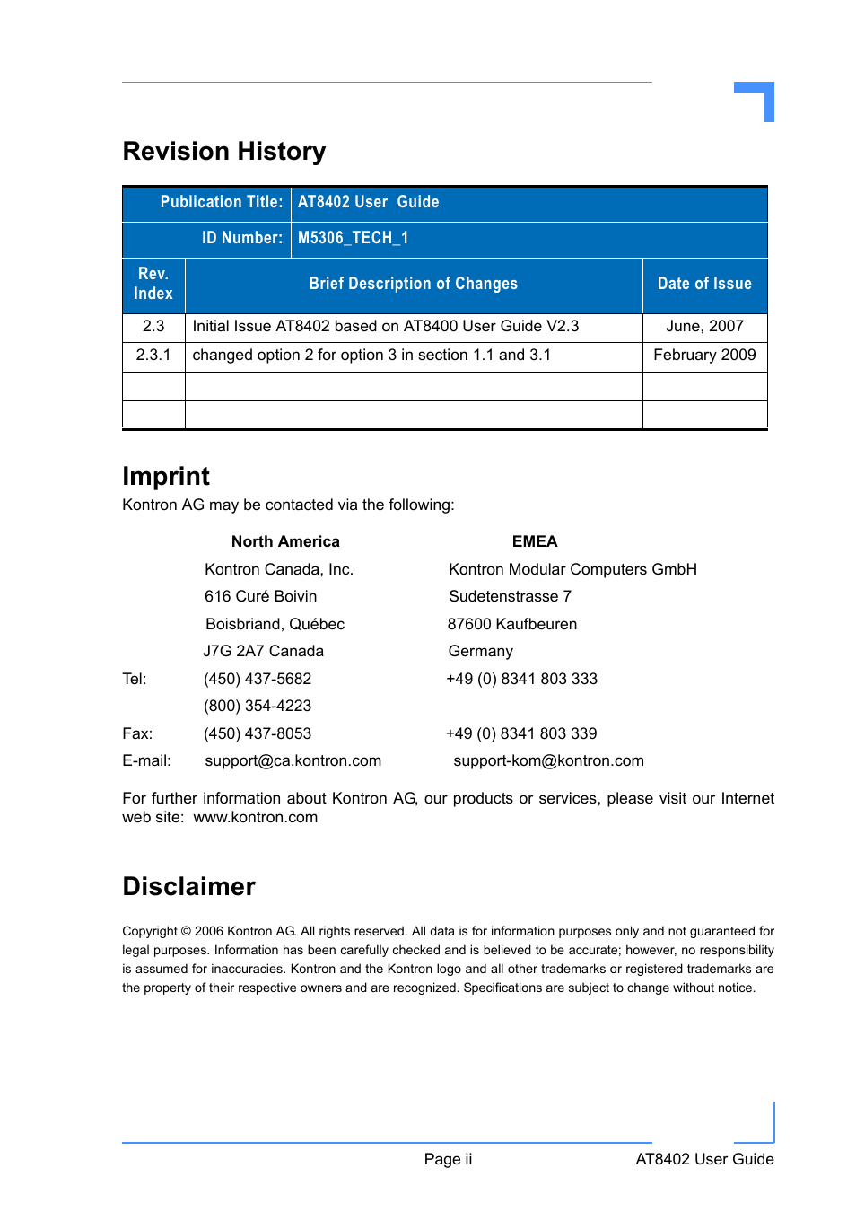 Revision history, Imprint, Disclaimer | Revision history imprint | Kontron AT8402 User Manual User Manual | Page 2 / 89