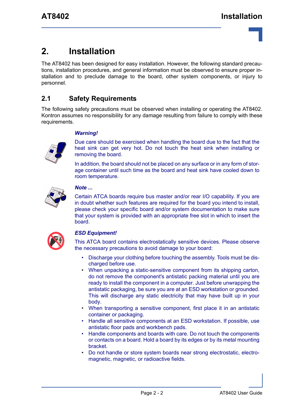 Installation, 1 safety requirements, Installation - 2 | 1 safety requirements - 2, At8402 installation | Kontron AT8402 User Manual User Manual | Page 27 / 89