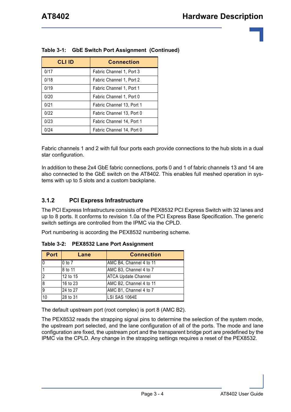 2 pci express infrastructure, Pci express infrastructure - 4, Pex8532 lane port assignment - 4 | At8402 hardware description | Kontron AT8402 User Manual User Manual | Page 37 / 89