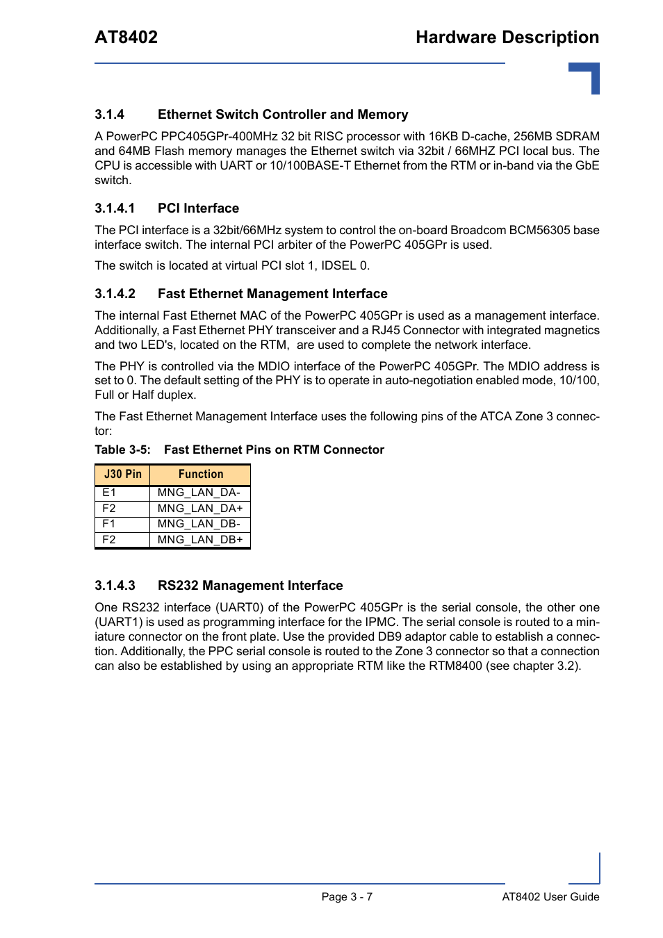 4 ethernet switch controller and memory, Ethernet switch controller and memory - 7, Fast ethernet pins on rtm connector - 7 | At8402 hardware description | Kontron AT8402 User Manual User Manual | Page 40 / 89