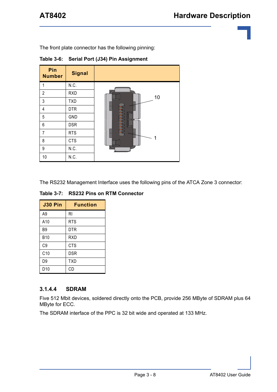 4 sdram - 8, Serial port (j34) pin assignment - 8, Rs232 pins on rtm connector - 8 | At8402 hardware description | Kontron AT8402 User Manual User Manual | Page 41 / 89