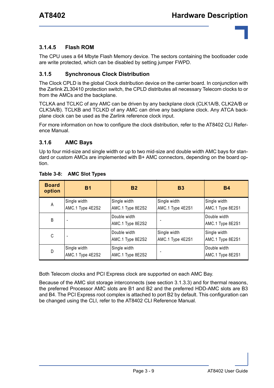 5 synchronous clock distribution, 6 amc bays, 5 flash rom - 9 | Synchronous clock distribution - 9, Amc bays - 9, Amc slot types - 9, At8402 hardware description | Kontron AT8402 User Manual User Manual | Page 42 / 89