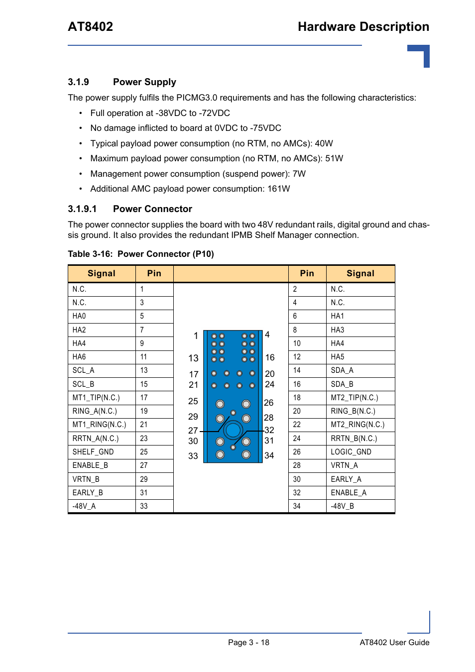 9 power supply, Power supply - 18, 1 power connector - 18 | 16 power connector (p10) - 18, At8402 hardware description | Kontron AT8402 User Manual User Manual | Page 51 / 89