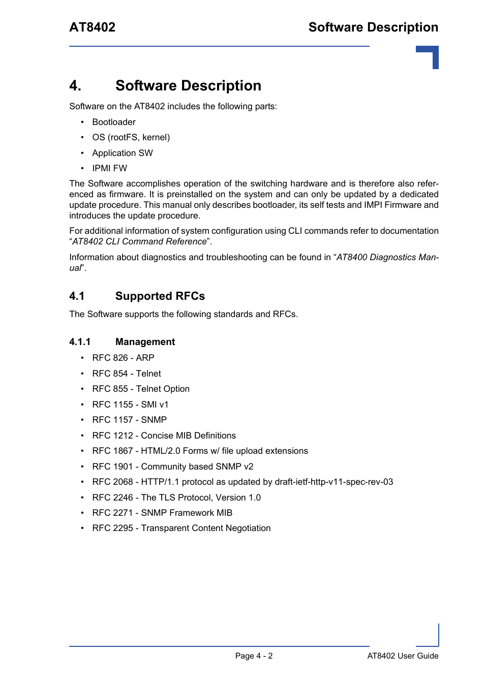 Software description, 1 supported rfcs, 1 management | Software description - 2, 1 supported rfcs - 2, Management - 2, At8402 software description | Kontron AT8402 User Manual User Manual | Page 66 / 89