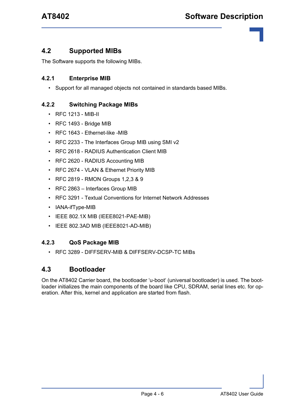2 supported mibs, 1 enterprise mib, 2 switching package mibs | 3 qos package mib, 3 bootloader, 2 supported mibs - 6, Enterprise mib - 6, Switching package mibs - 6, Qos package mib - 6, 3 bootloader - 6 | Kontron AT8402 User Manual User Manual | Page 70 / 89