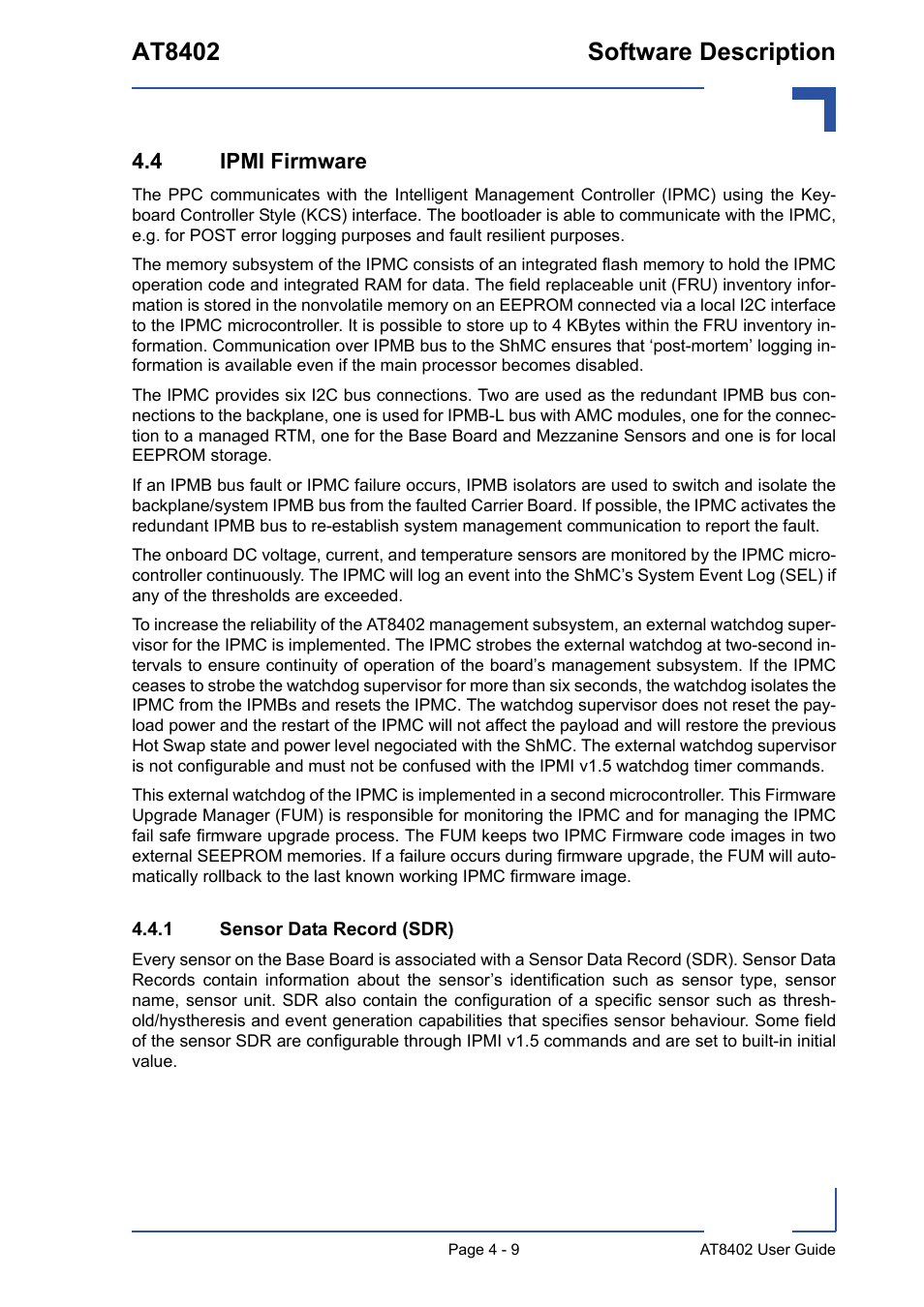 4 ipmi firmware, 1 sensor data record (sdr), 4 ipmi firmware - 9 | Sensor data record (sdr) - 9, At8402 software description | Kontron AT8402 User Manual User Manual | Page 73 / 89