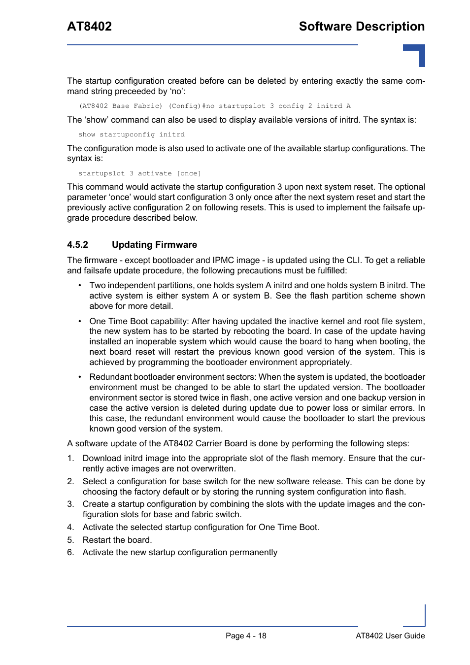 2 updating firmware, Restart the board, Activate the new startup configuration permanently | Updating firmware - 18, At8402 software description | Kontron AT8402 User Manual User Manual | Page 82 / 89
