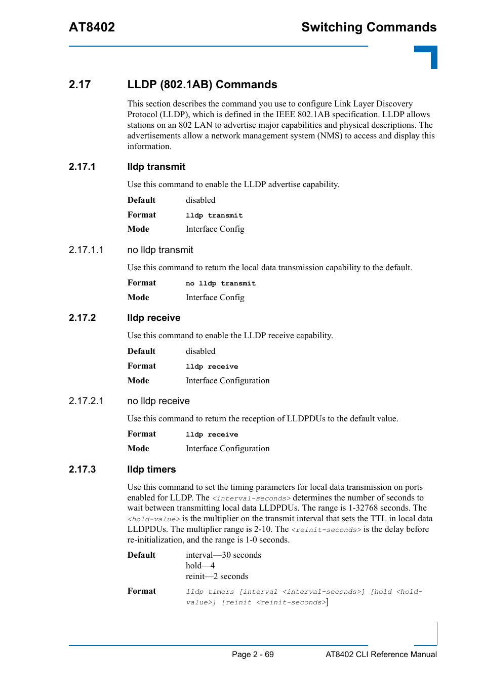 17 lldp (802.1ab) commands, 1 lldp transmit, 2 lldp receive | 3 lldp timers, 17 lldp (802.1ab) commands - 69, At8402 switching commands | Kontron AT8402 CLI User Manual | Page 101 / 253