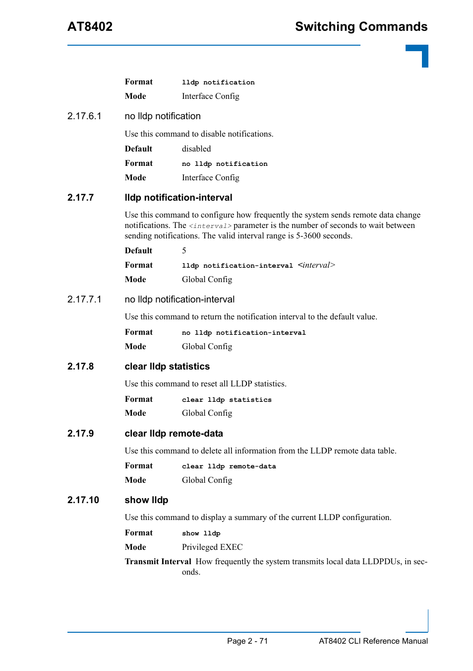 7 lldp notification-interval, 8 clear lldp statistics, 9 clear lldp remote-data | 10 show lldp, At8402 switching commands | Kontron AT8402 CLI User Manual | Page 103 / 253