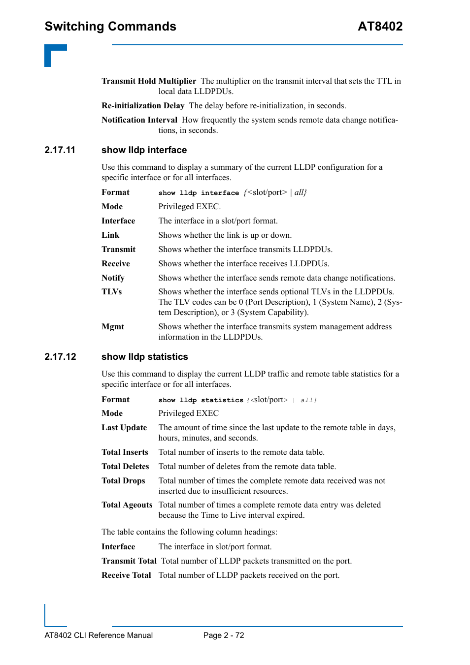 11 show lldp interface, 12 show lldp statistics, Switching commands at8402 | Kontron AT8402 CLI User Manual | Page 104 / 253