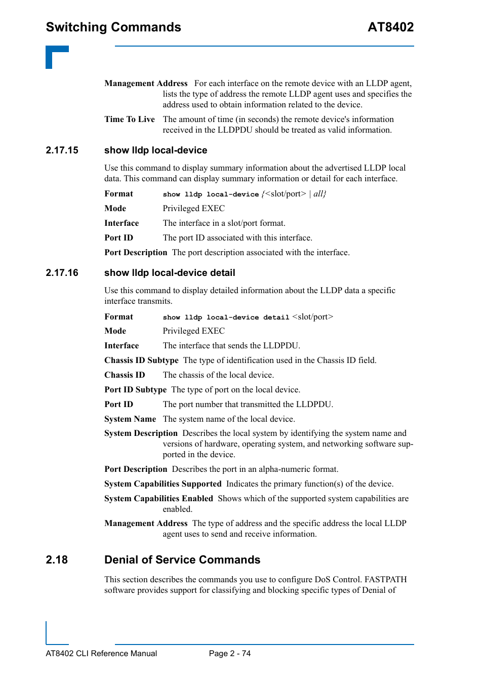 15 show lldp local-device, 16 show lldp local-device detail, 18 denial of service commands | 18 denial of service commands - 74, Switching commands at8402 | Kontron AT8402 CLI User Manual | Page 106 / 253