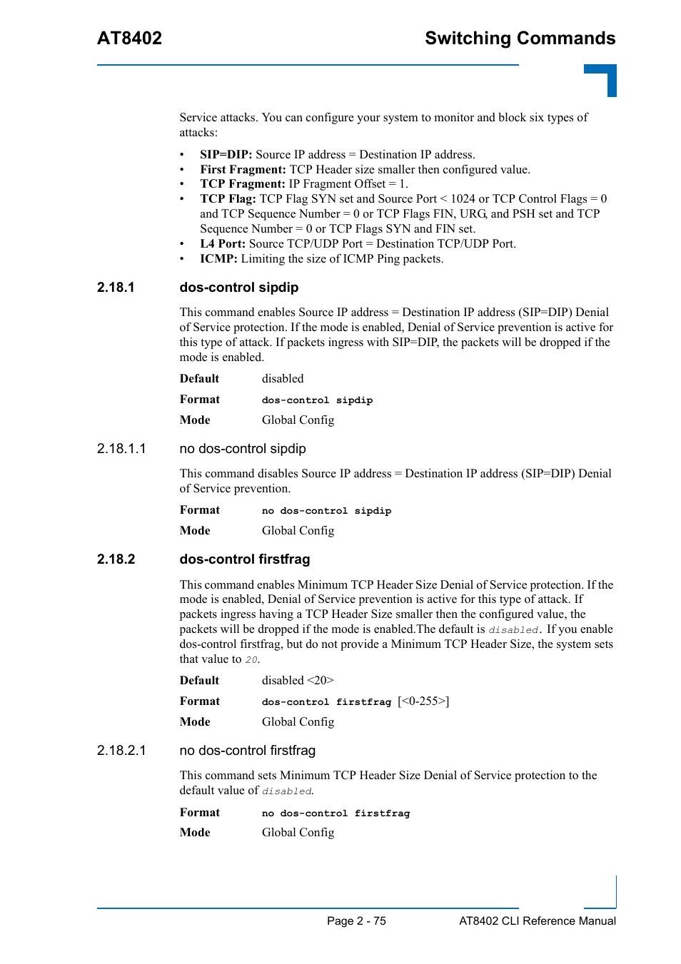 1 dos-control sipdip, 2 dos-control firstfrag, At8402 switching commands | Kontron AT8402 CLI User Manual | Page 107 / 253