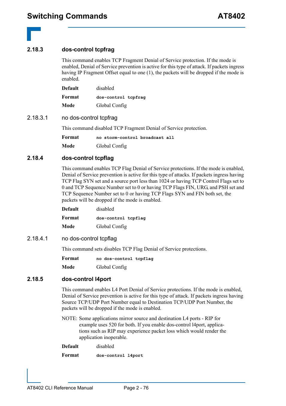 3 dos-control tcpfrag, 4 dos-control tcpflag, 5 dos-control l4port | Switching commands at8402 | Kontron AT8402 CLI User Manual | Page 108 / 253