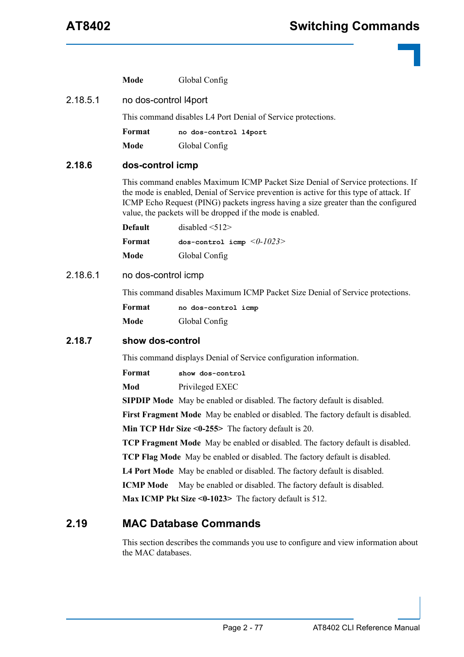 6 dos-control icmp, 7 show dos-control, 19 mac database commands | 19 mac database commands - 77, At8402 switching commands | Kontron AT8402 CLI User Manual | Page 109 / 253