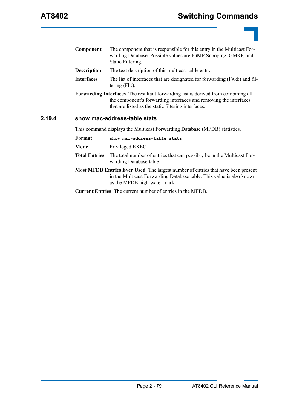 4 show mac-address-table stats, 4 show mac-address-table stats - 79, At8402 switching commands | Kontron AT8402 CLI User Manual | Page 111 / 253