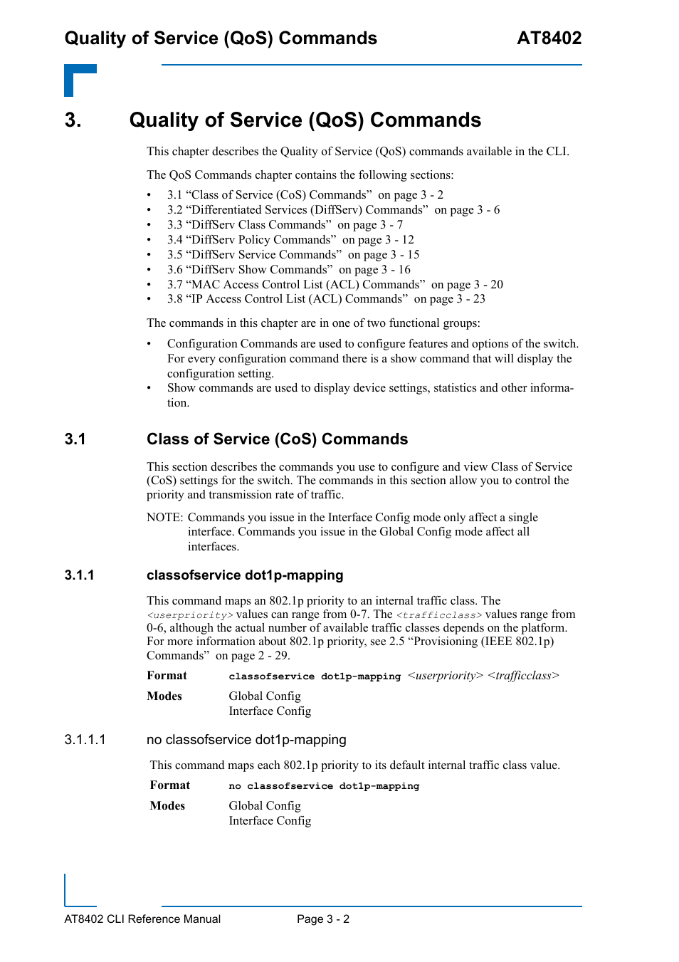 Quality of service (qos) commands, 1 class of service (cos) commands, 1 classofservice dot1p-mapping | Quality of service (qos) commands - 2, 1 class of service (cos) commands - 2, Classofservice dot1p-mapping - 2, Quality of service (qos) commands at8402 | Kontron AT8402 CLI User Manual | Page 114 / 253