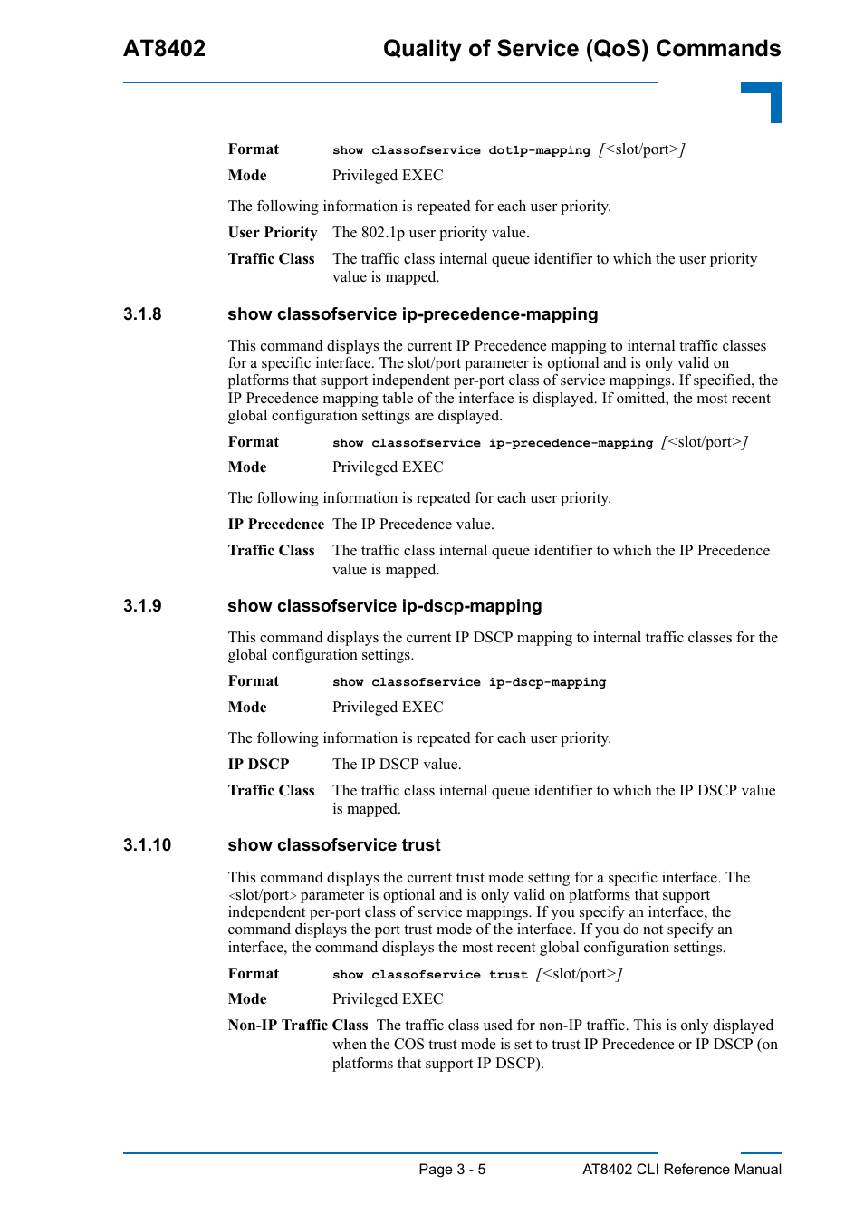 8 show classofservice ip-precedence-mapping, 9 show classofservice ip-dscp-mapping, 10 show classofservice trust | Show classofservice ip-precedence-mapping - 5, Show classofservice ip-dscp-mapping - 5, 10 show classofservice trust - 5, At8402 quality of service (qos) commands | Kontron AT8402 CLI User Manual | Page 117 / 253