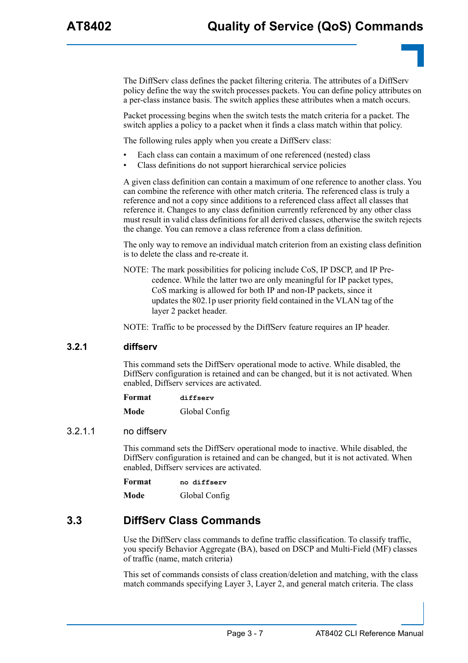 1 diffserv, 3 diffserv class commands, Diffserv - 7 | 3 diffserv class commands - 7, At8402 quality of service (qos) commands | Kontron AT8402 CLI User Manual | Page 119 / 253