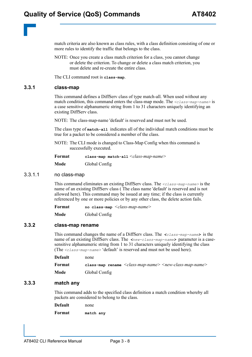 1 class-map, 2 class-map rename, 3 match any | Class-map - 8, Class-map rename - 8, Match any - 8, Quality of service (qos) commands at8402 | Kontron AT8402 CLI User Manual | Page 120 / 253