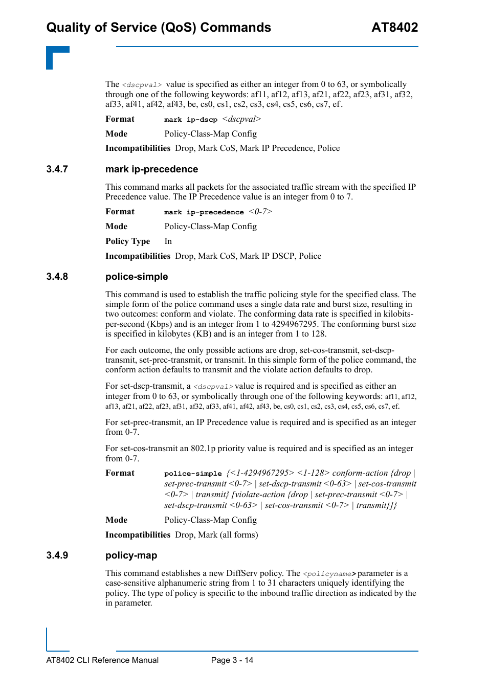 7 mark ip-precedence, 8 police-simple, 9 policy-map | Mark ip-precedence - 14, Police-simple - 14, Policy-map - 14, Quality of service (qos) commands at8402 | Kontron AT8402 CLI User Manual | Page 126 / 253
