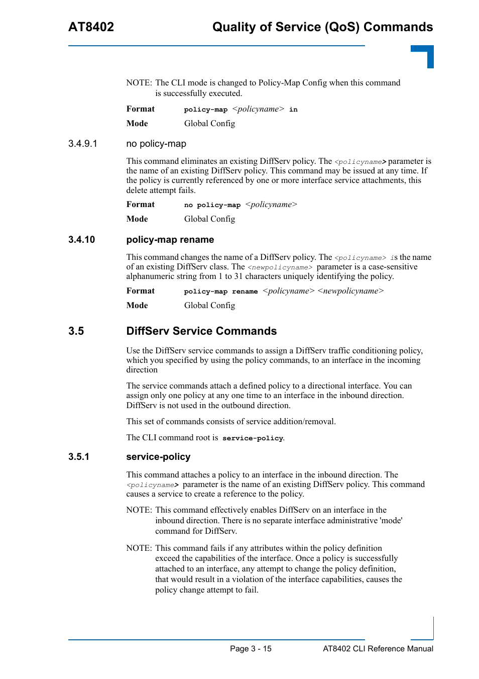 10 policy-map rename, 5 diffserv service commands, 1 service-policy | 10 policy-map rename - 15, 5 diffserv service commands - 15, Service-policy - 15, At8402 quality of service (qos) commands | Kontron AT8402 CLI User Manual | Page 127 / 253