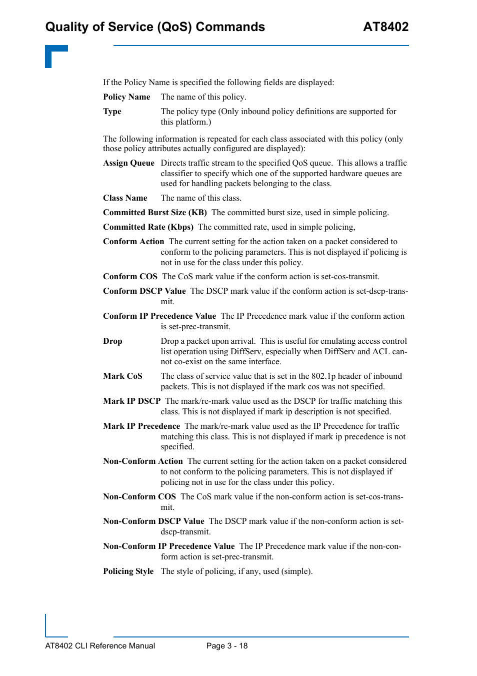 Quality of service (qos) commands at8402 | Kontron AT8402 CLI User Manual | Page 130 / 253