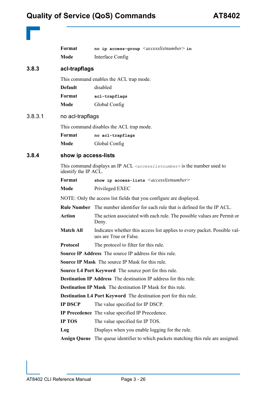 3 acl-trapflags, 4 show ip access-lists, Acl-trapflags - 26 | Show ip access-lists - 26, Quality of service (qos) commands at8402 | Kontron AT8402 CLI User Manual | Page 138 / 253