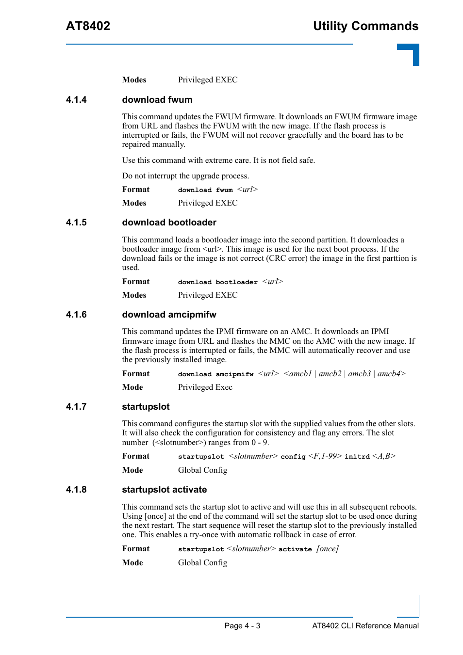 4 download fwum, 5 download bootloader, 6 download amcipmifw | 7 startupslot, 8 startupslot activate, Download fwum - 3, Download bootloader - 3, Download amcipmifw - 3, Startupslot - 3, Startupslot activate - 3 | Kontron AT8402 CLI User Manual | Page 143 / 253