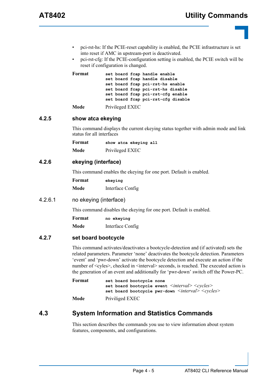 5 show atca ekeying, 6 ekeying (interface), 7 set board bootcycle | 3 system information and statistics commands, Show atca ekeying - 5, Ekeying (interface) - 5, Set board bootcycle - 5, 3 system information and statistics commands - 5, At8402 utility commands | Kontron AT8402 CLI User Manual | Page 145 / 253