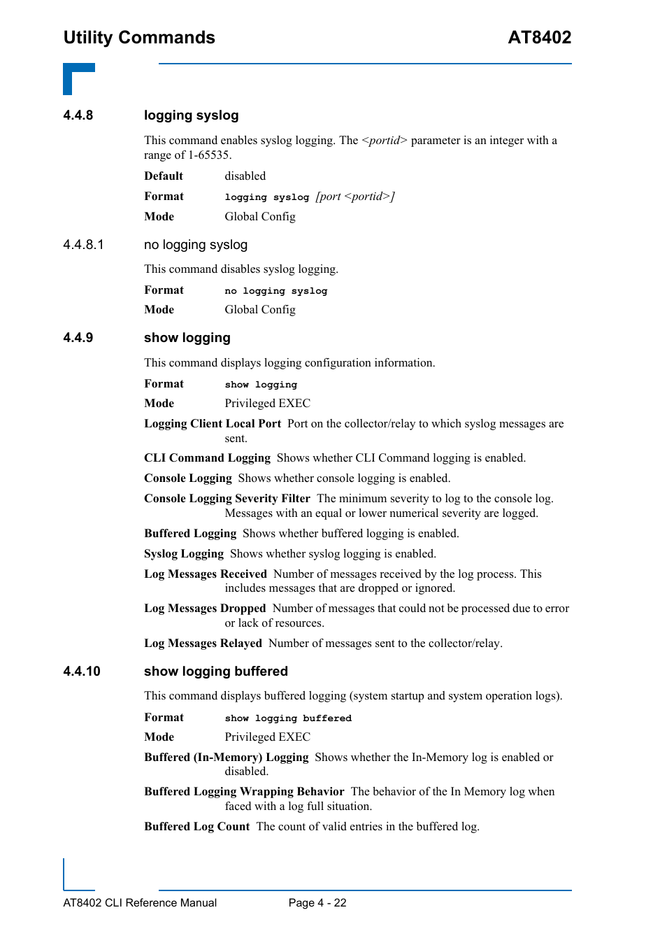 8 logging syslog, 9 show logging, 10 show logging buffered | Logging syslog - 22, Show logging - 22, 10 show logging buffered - 22, Utility commands at8402 | Kontron AT8402 CLI User Manual | Page 162 / 253