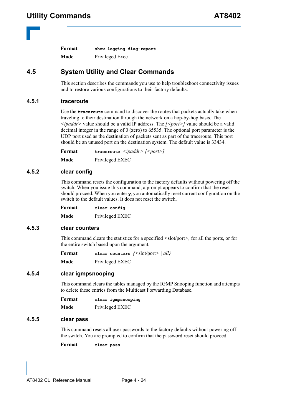 5 system utility and clear commands, 1 traceroute, 2 clear config | 3 clear counters, 4 clear igmpsnooping, 5 clear pass, 5 system utility and clear commands - 24, Traceroute - 24, Clear config - 24, Clear counters - 24 | Kontron AT8402 CLI User Manual | Page 164 / 253