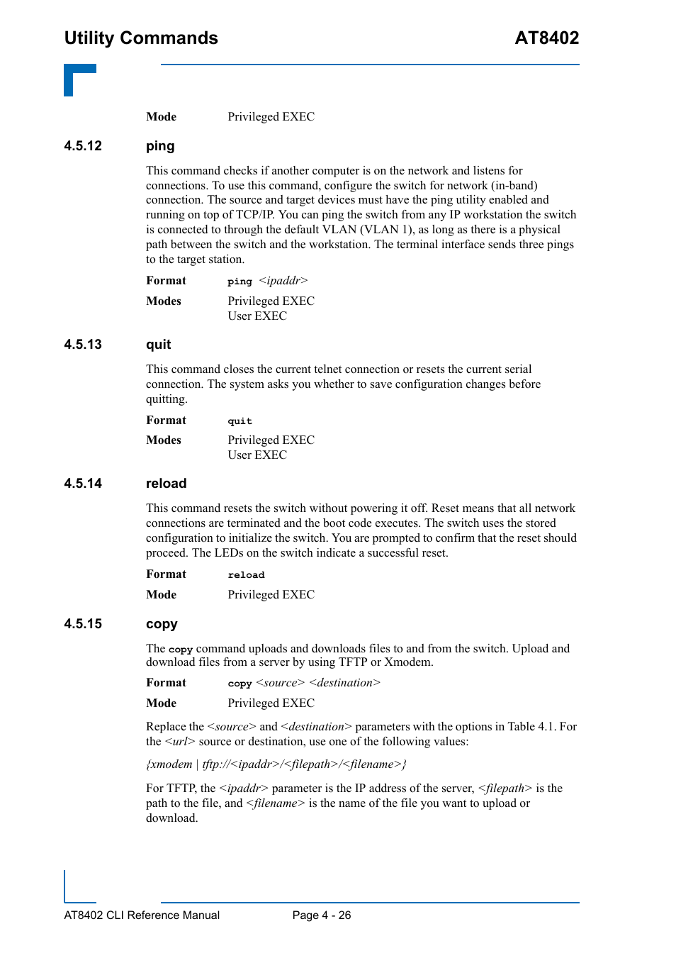 12 ping, 13 quit, 14 reload | 15 copy, 12 ping - 26 4.5.13 quit - 26, 14 reload - 26 4.5.15 copy - 26, Utility commands at8402 | Kontron AT8402 CLI User Manual | Page 166 / 253