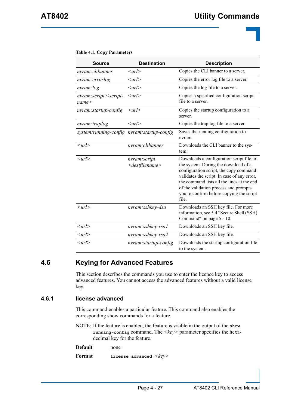 6 keying for advanced features, 1 license advanced, 6 keying for advanced features - 27 | License advanced - 27, At8402 utility commands | Kontron AT8402 CLI User Manual | Page 167 / 253