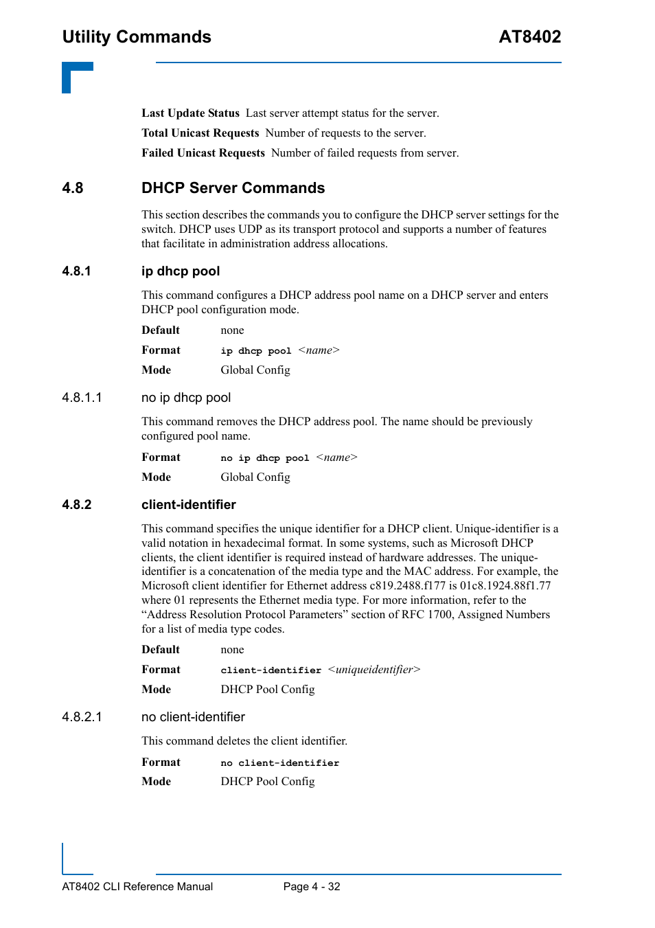 8 dhcp server commands, 1 ip dhcp pool, 2 client-identifier | 8 dhcp server commands - 32, Ip dhcp pool - 32, Client-identifier - 32, Utility commands at8402 | Kontron AT8402 CLI User Manual | Page 172 / 253