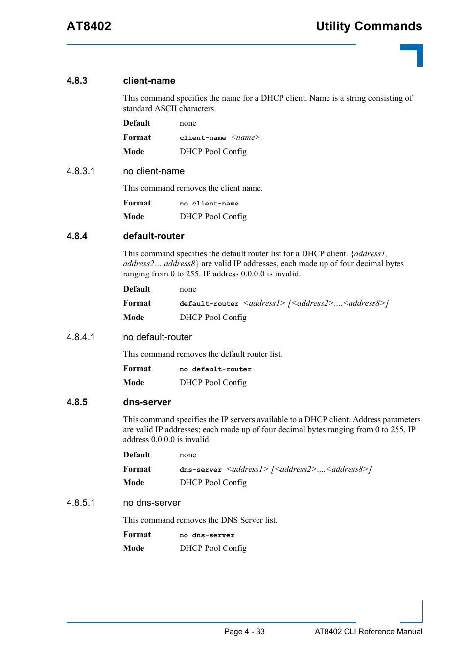 3 client-name, 4 default-router, 5 dns-server | Client-name - 33, Default-router - 33, Dns-server - 33, At8402 utility commands | Kontron AT8402 CLI User Manual | Page 173 / 253