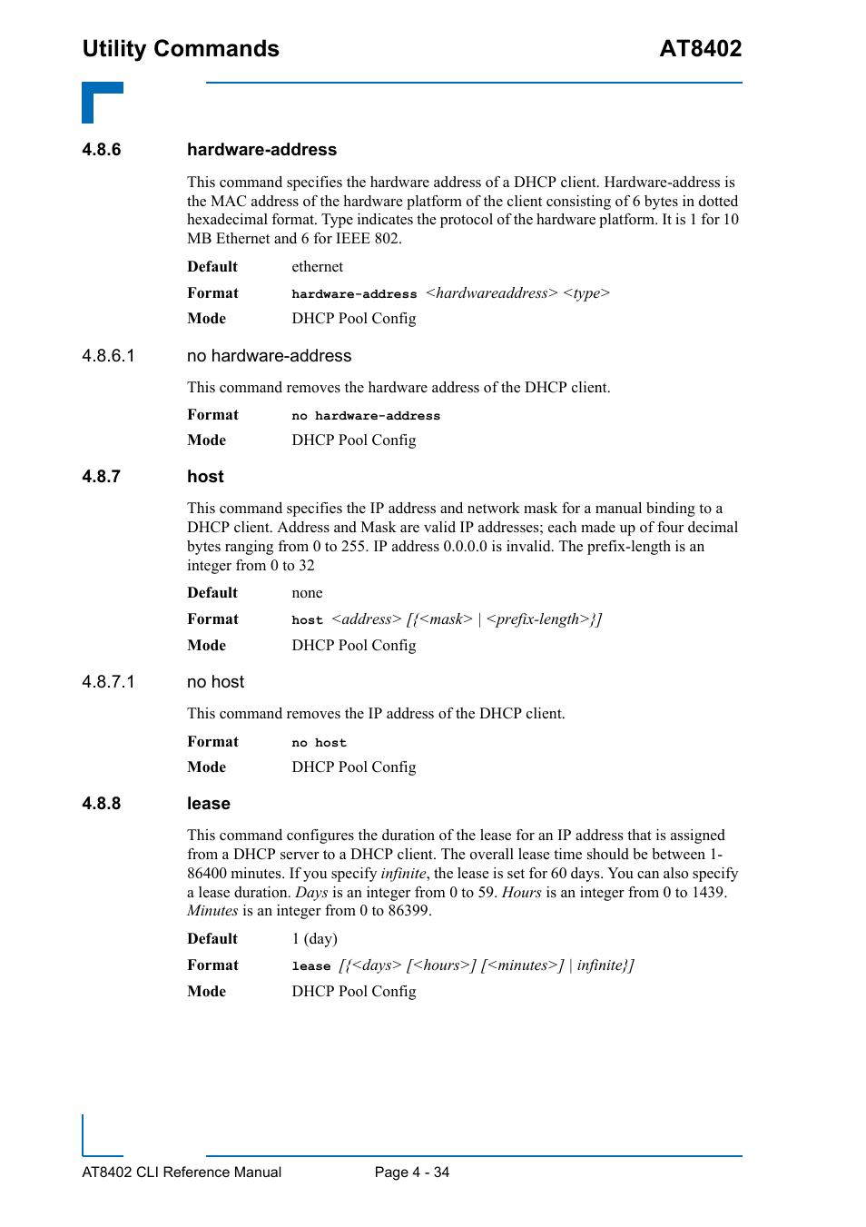 6 hardware-address, 7 host, 8 lease | Hardware-address - 34, Host - 34, Lease - 34, Utility commands at8402 | Kontron AT8402 CLI User Manual | Page 174 / 253