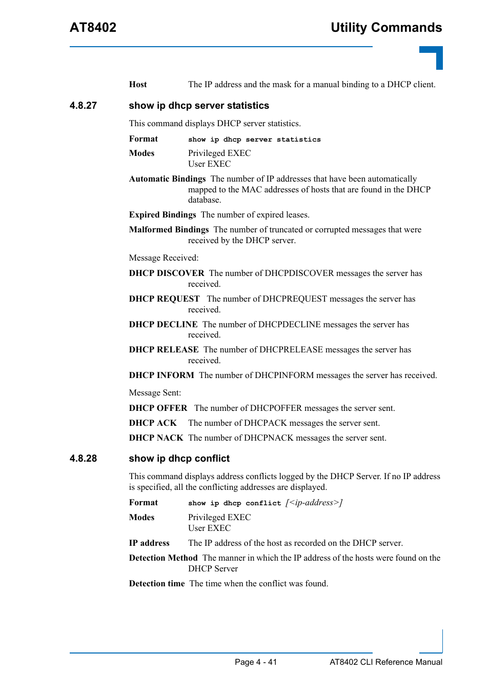 27 show ip dhcp server statistics, 28 show ip dhcp conflict, 27 show ip dhcp server statistics - 41 | 28 show ip dhcp conflict - 41, At8402 utility commands | Kontron AT8402 CLI User Manual | Page 181 / 253