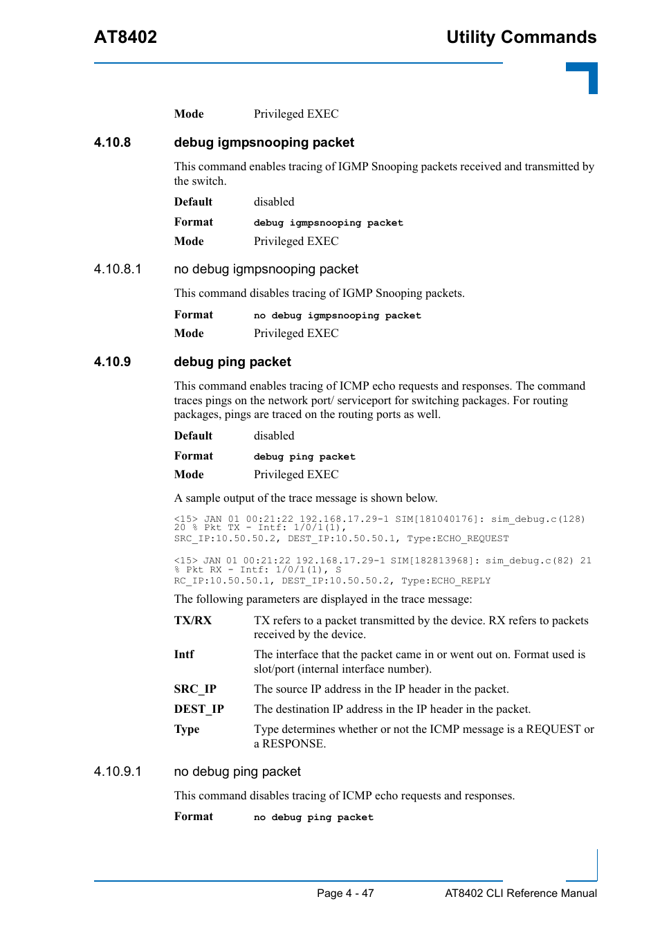 8 debug igmpsnooping packet, 9 debug ping packet, At8402 utility commands | Kontron AT8402 CLI User Manual | Page 187 / 253