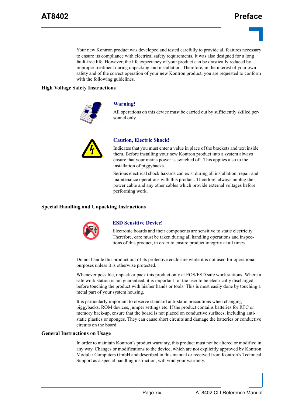 High voltage safety instructions, Special handling and unpacking instructions, General instructions on usage | At8402 preface | Kontron AT8402 CLI User Manual | Page 19 / 253