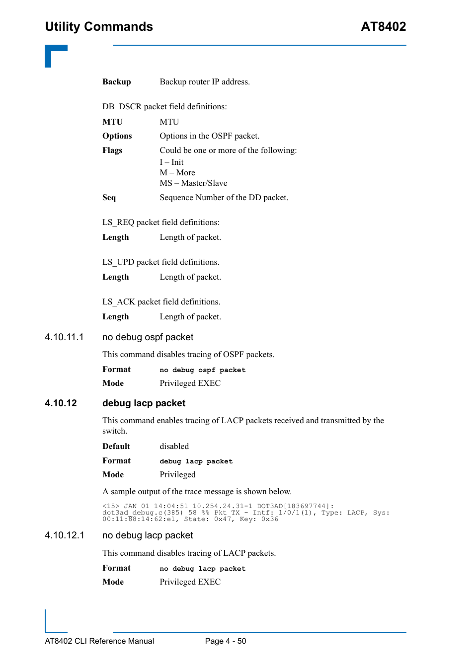 12 debug lacp packet, 12 debug lacp packet - 50, Utility commands at8402 | Kontron AT8402 CLI User Manual | Page 190 / 253